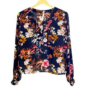 Xhilaration Black Multicolor Floral Print Crisscross Tie Front Blouse, Large